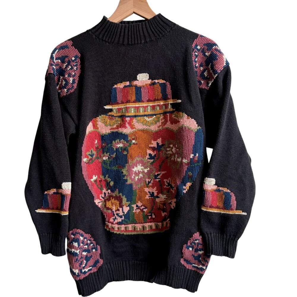 VTG Norm Thompson Floral Design 100% Cotton Hand Framed Sweater Medium 90s y2k